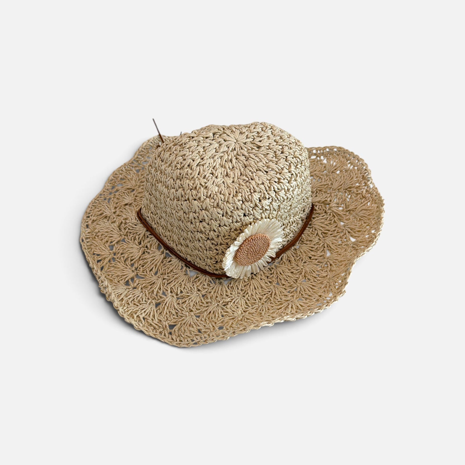 Boho Daisy Knit Shawl & Straw Sun Hat Set