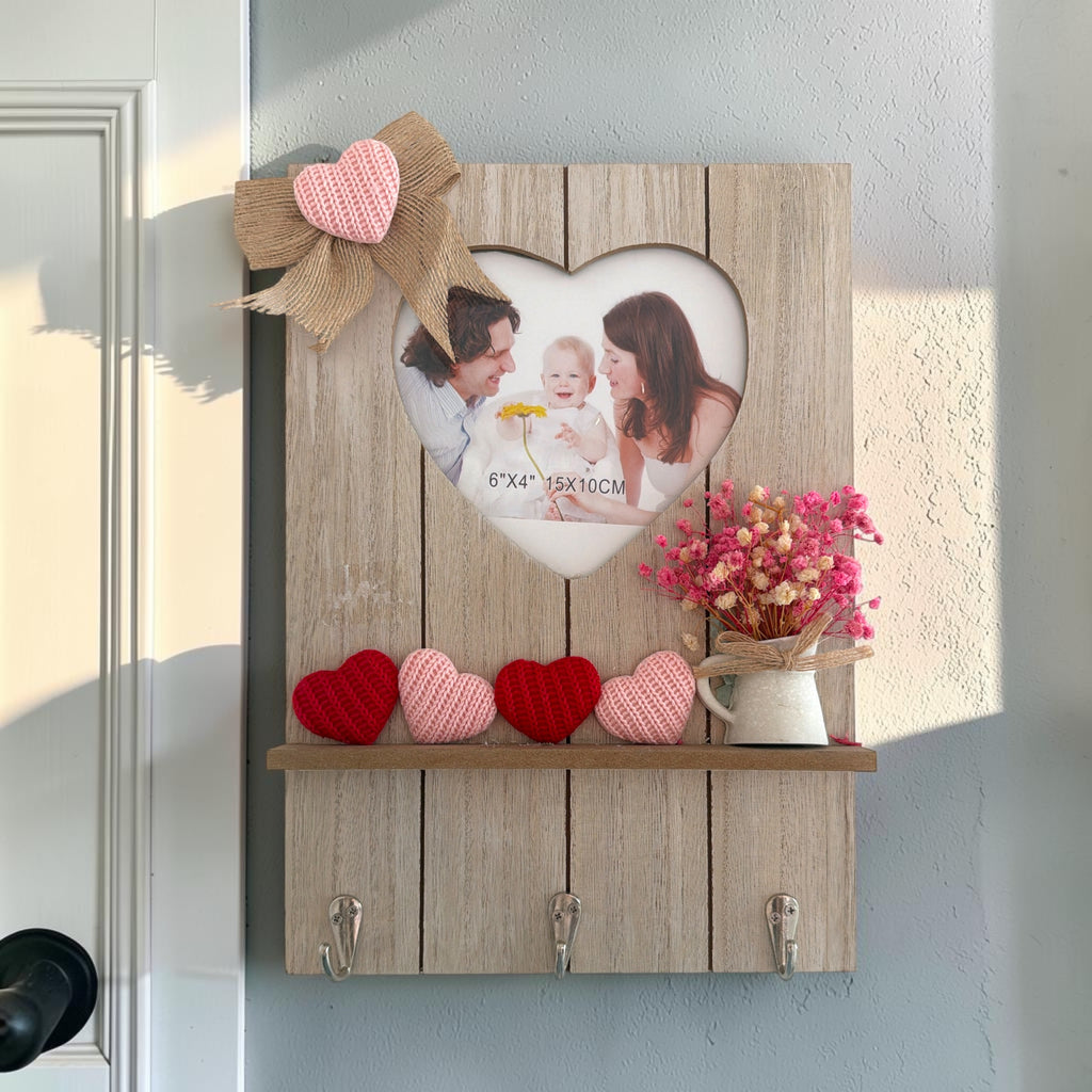 Rustic Heart Photo Display Shelf with Hooks