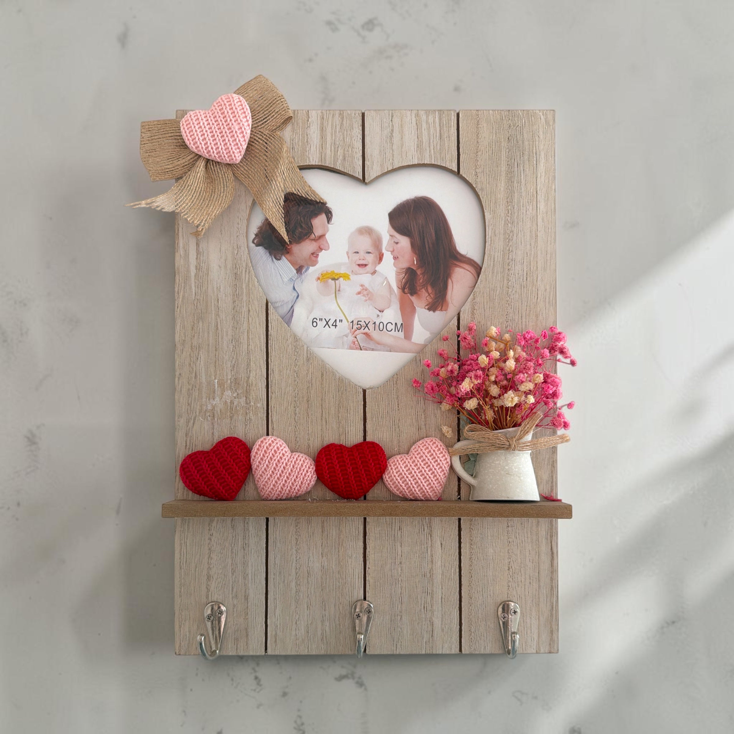 Rustic Heart Photo Display Shelf with Hooks