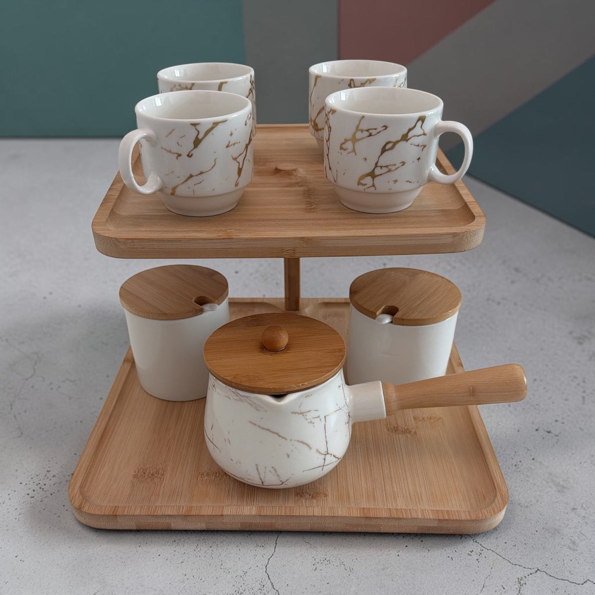 Zen Garden Two-Tier Ceramic & Bamboo Serving Collection
