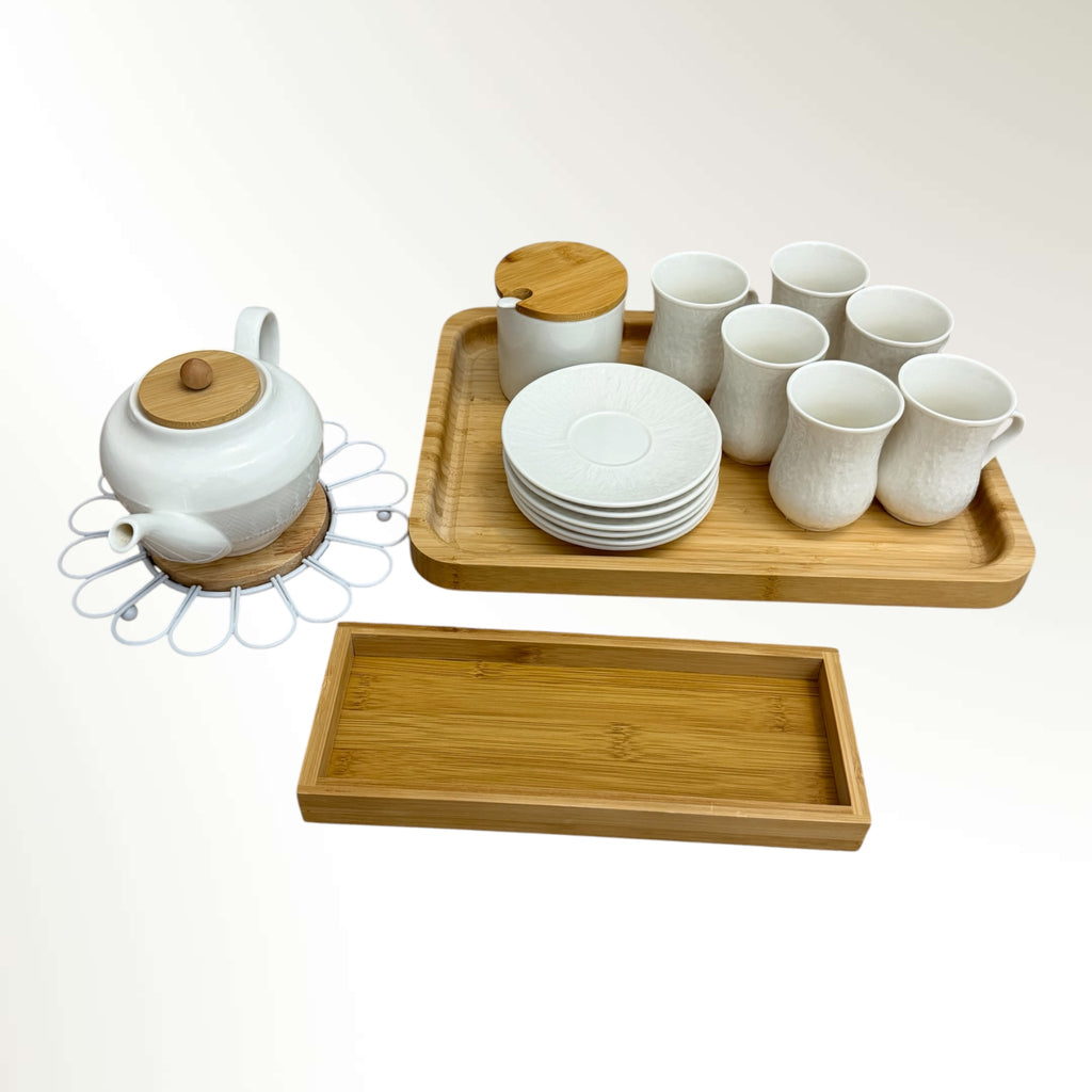 Bamboo & White Ceramic Tea Set – Complete Serving Collection