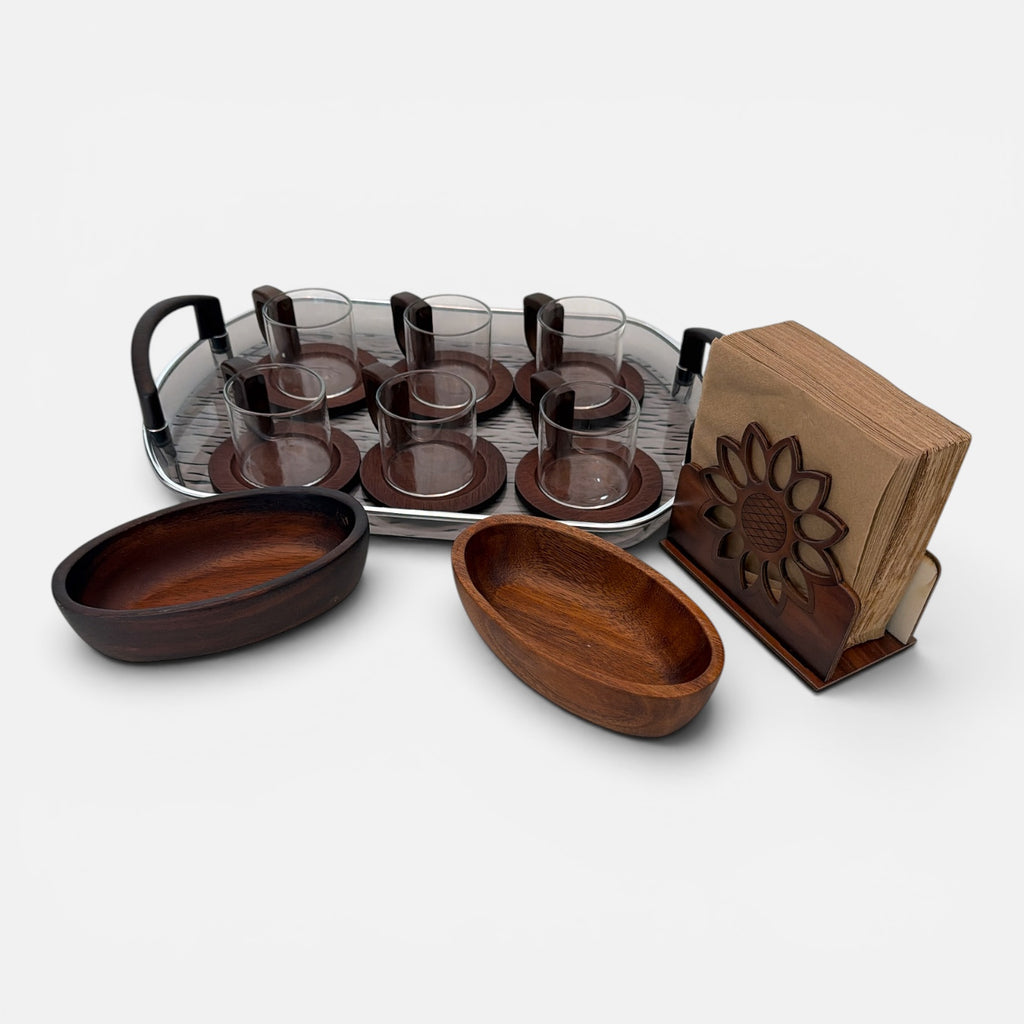Tea Glass Serving Set with Wooden Accessories