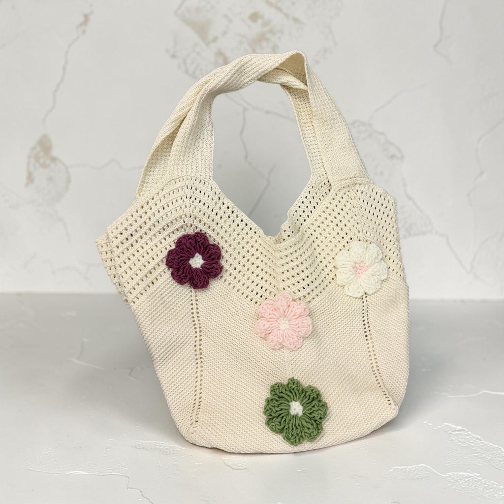 Floral Crochet Knit Tote Bag