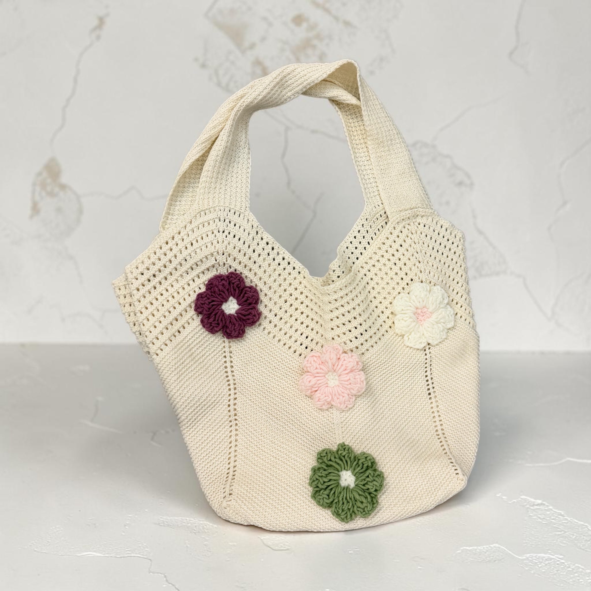 Floral Crochet Knit Tote Bag