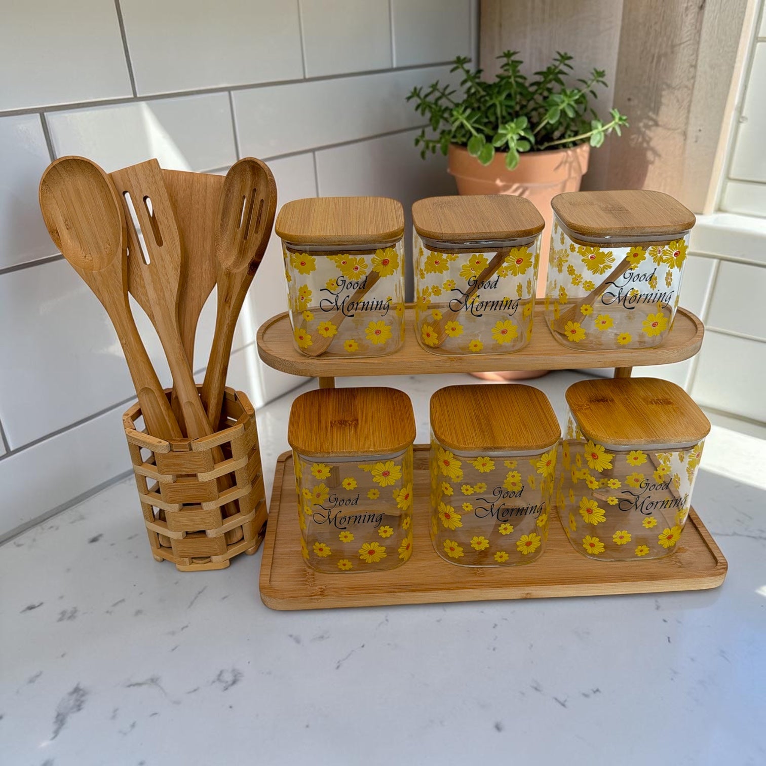 Bamboo Storage Set with Bonus Utensil Holder