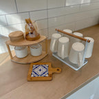 Complete Coffee & Tea Station Set – Ceramic Mug Rack, Sugar Jar, Bowls & Tile Trivet