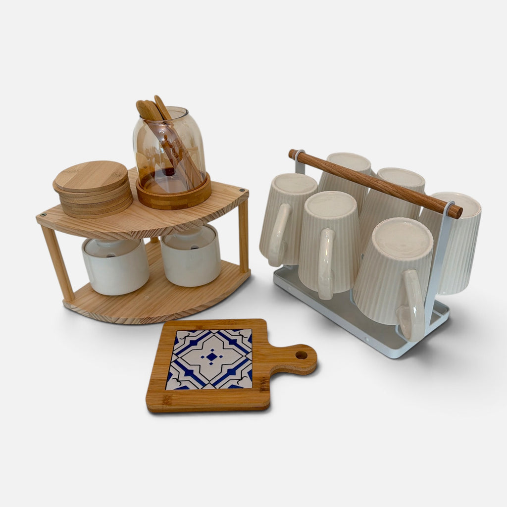 Complete Coffee & Tea Station Set – Ceramic Mug Rack, Sugar Jar, Bowls & Tile Trivet
