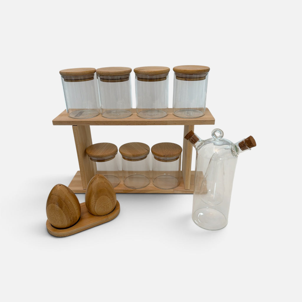 Two-Tier Wooden Pantry Storage Set with Jars, Shakers & Oil Dispenser
