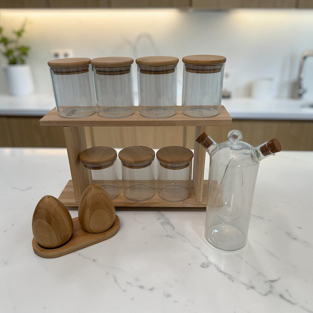 Two-Tier Wooden Pantry Storage Set with Jars, Shakers & Oil Dispenser