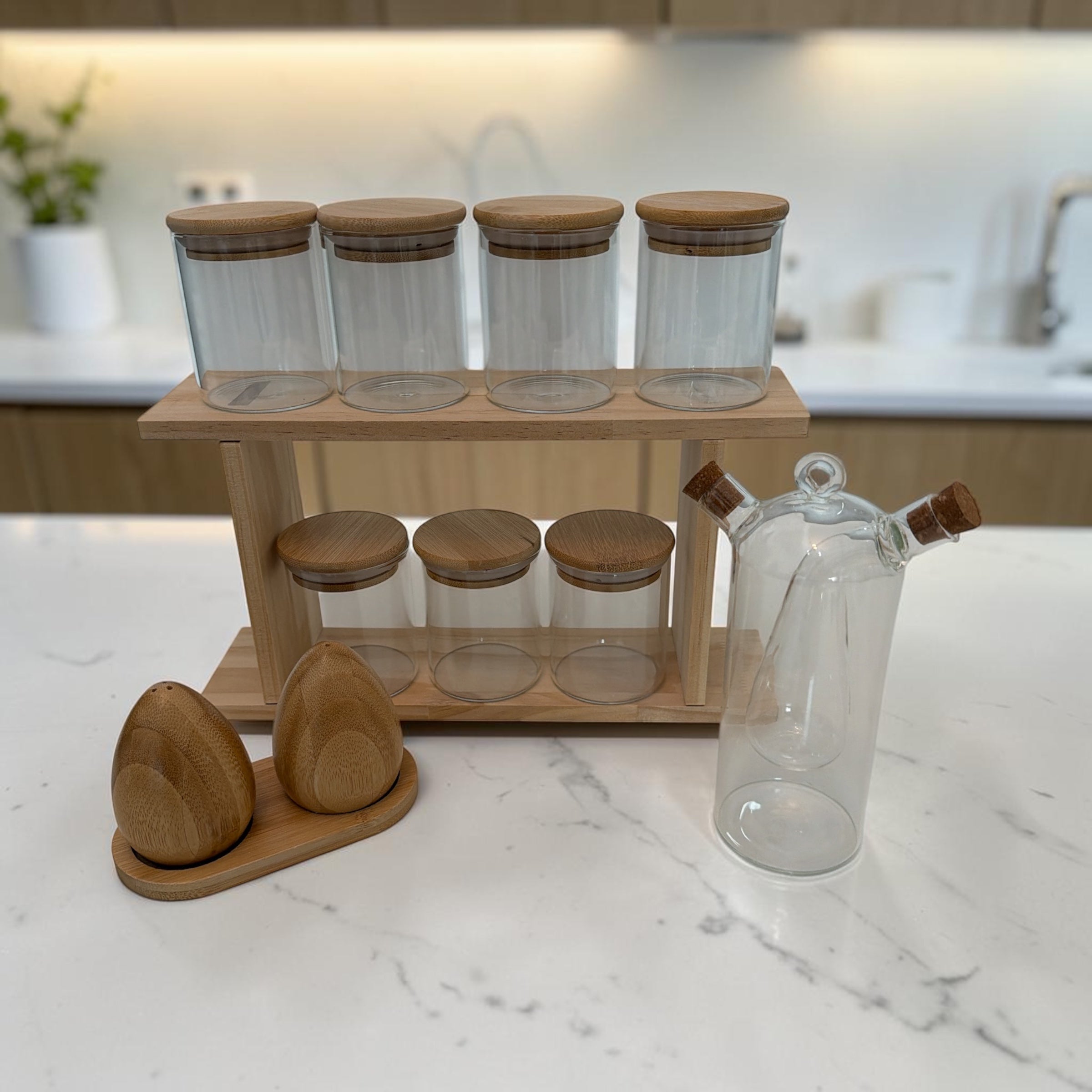 Two-Tier Wooden Pantry Storage Set with Jars, Shakers & Oil Dispenser