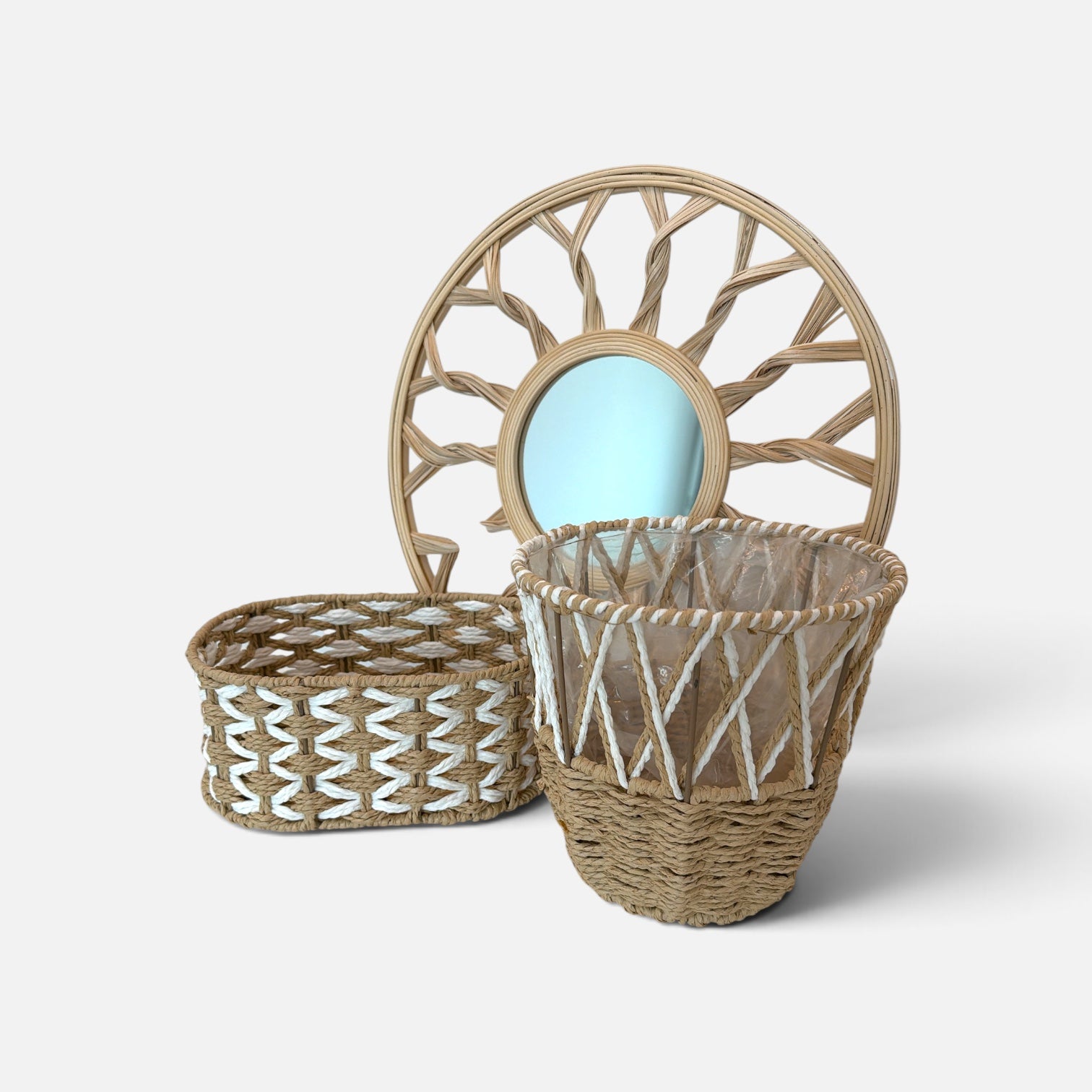 Boho Rattan Sunburst Mirror & Woven Basket Set