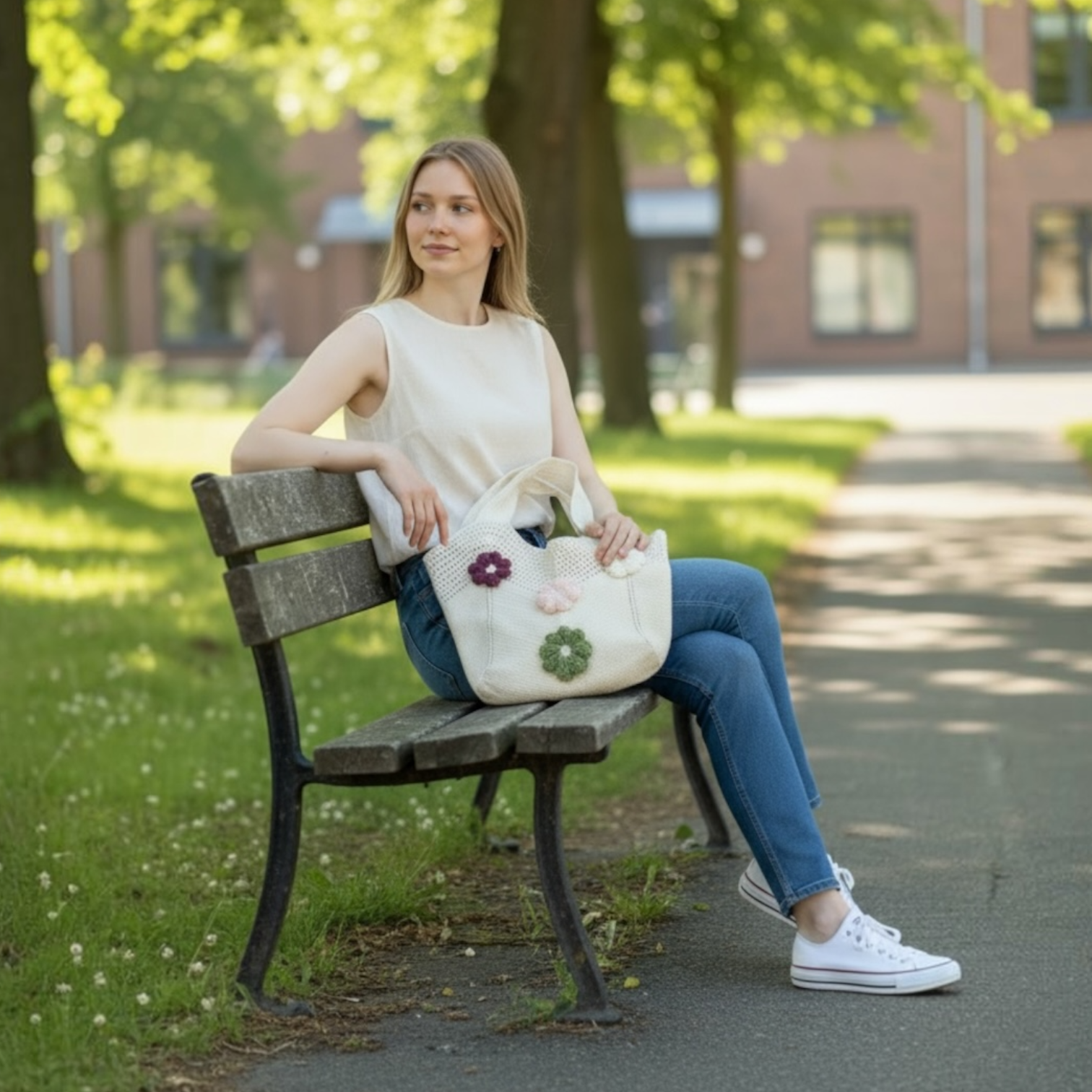 Floral Crochet Knit Tote Bag