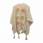 Ivory Blossom Crochet Poncho with Tassel Trim