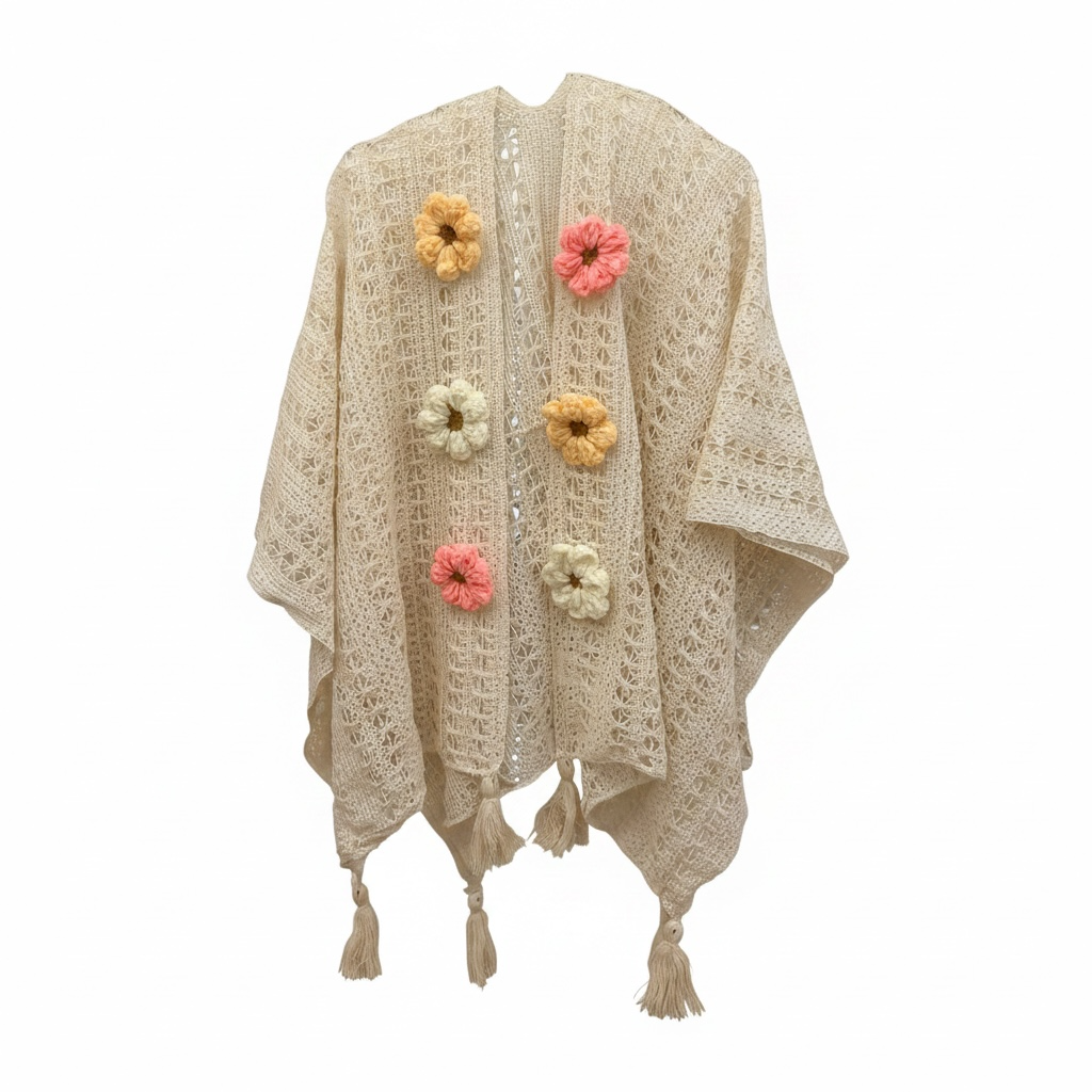 Ivory Blossom Crochet Poncho with Tassel Trim
