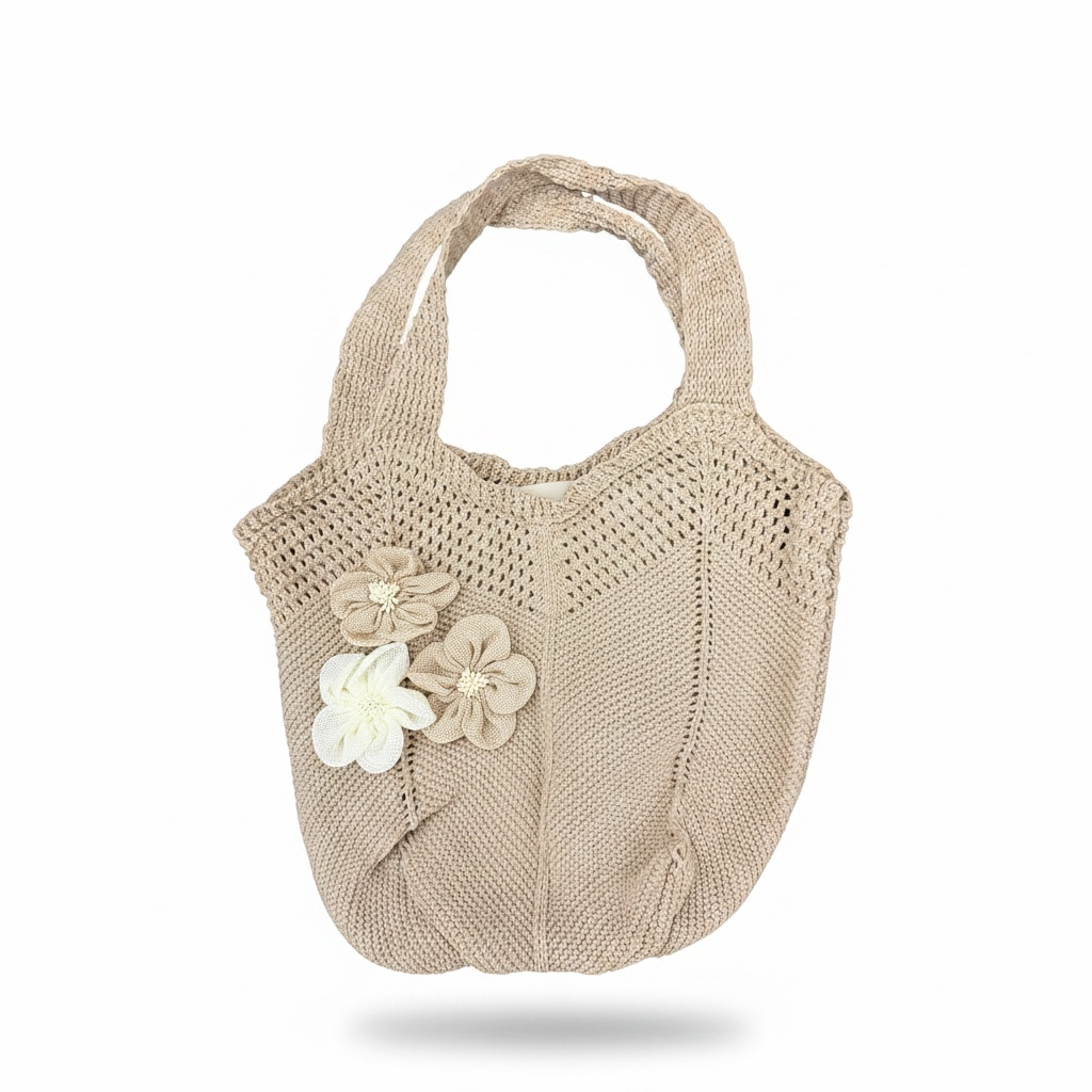Blossom Knit Tote — Beige Crochet Flower Bag