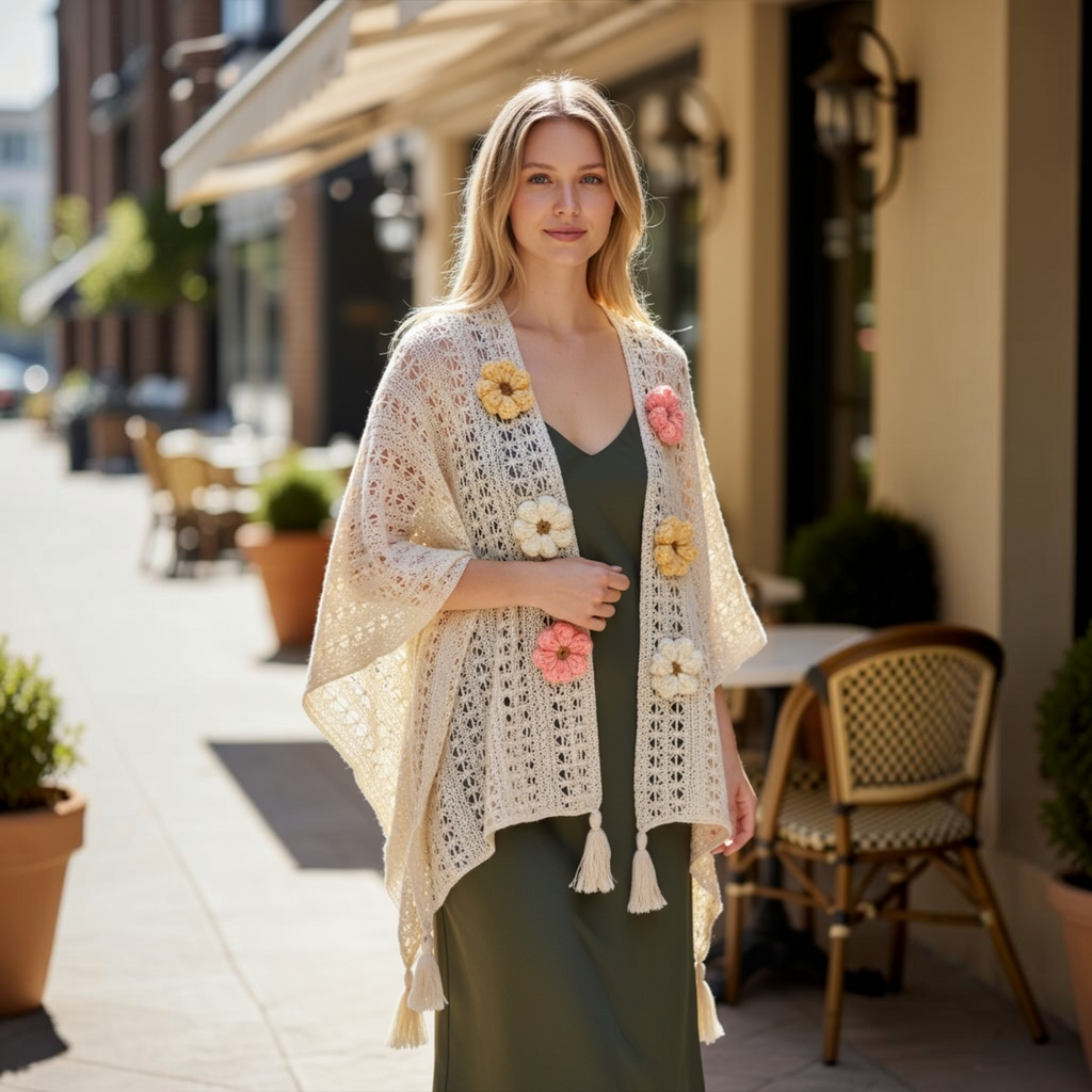 Ivory Blossom Crochet Poncho with Tassel Trim