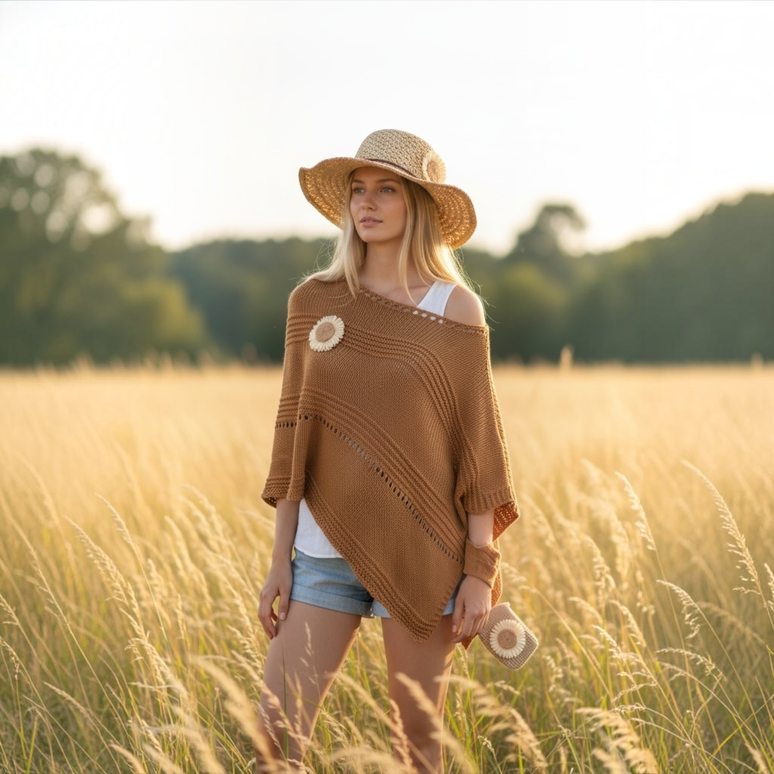 Boho Daisy Knit Shawl & Straw Sun Hat Set